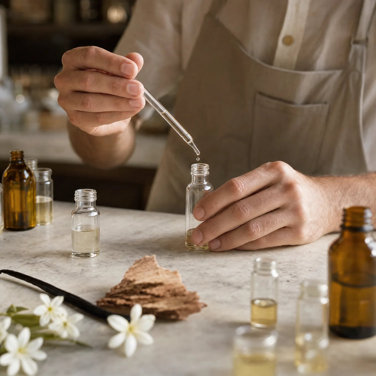Manos de un perfumista midiendo esencias con una pipeta de vidrio